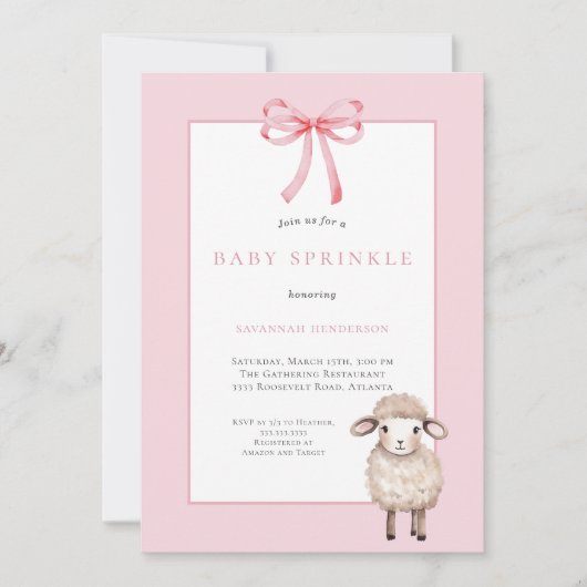 Pink Bow Little Lamb Baby Shower Sprinkle Kaart (Voorkant)