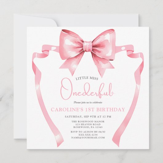 Pink Bow Little Miss Onederful Eerste Verjaardag Kaart (Voorkant)