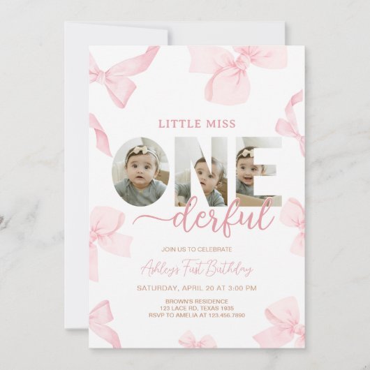 Pink Bow Little Miss Photo Verjaardagsfeest Kaart (Voorkant)