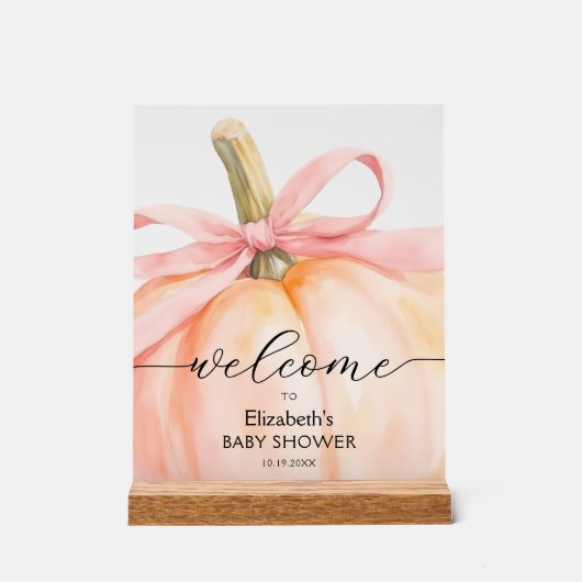Pink Bow Little Pumpkin Baby shower Welkom Acryl Bord (Voorkant)