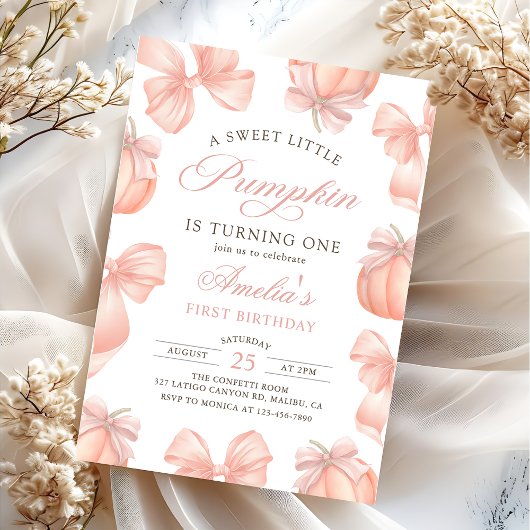 Pink Bow Little Pumpkin Verjaardag Uitnodiging