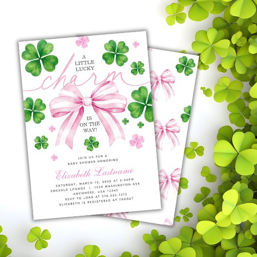 Pink Bow Lucky Charm Baby Shower Invitation Kaart