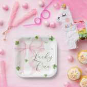 Pink Bow Lucky One 1st Birthday Paper Plates Papieren Bordje (Feest)