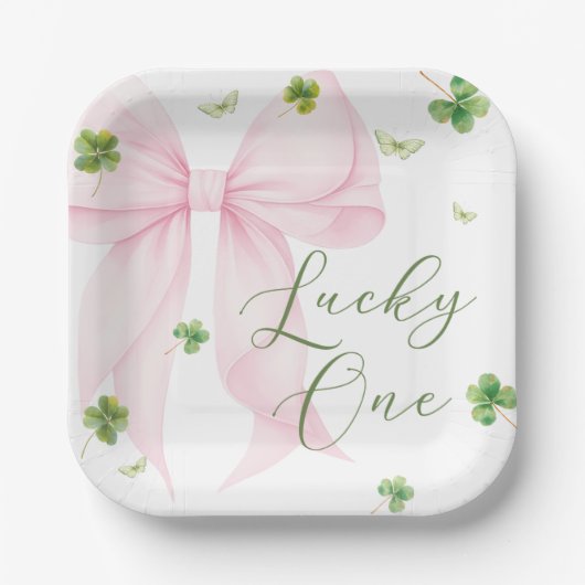 Pink Bow Lucky One 1st Birthday Paper Plates Papieren Bordje (Voorkant)