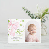 Pink Bow Lucky One Birthday Flat Thank You Card Bedankkaart (Staand voorkant)
