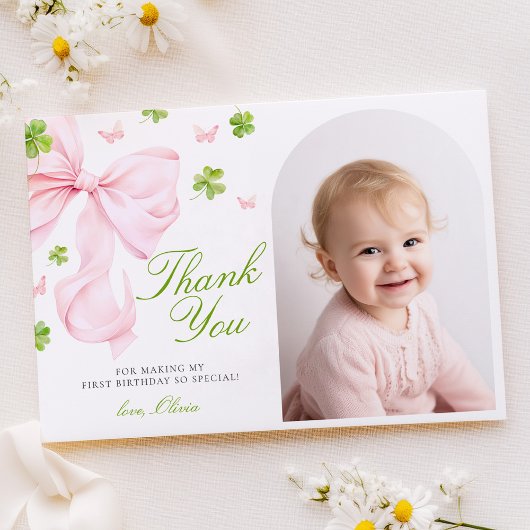 Pink Bow Lucky One Birthday Flat Thank You Card Bedankkaart