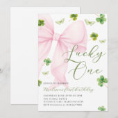 Pink Bow Lucky One Shamrock Clover 1st Birthday Kaart (Voorkant / Achterkant)