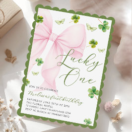 Pink Bow Lucky One Shamrock Clover 1st Birthday Kaart