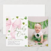 Pink Bow Lucky One Shamrock Clover 1st Birthday Kaart (Voorkant / Achterkant)