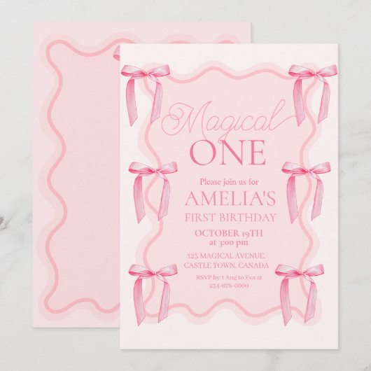 Pink Bow Magical One Verjaardagsfeestje Kaart (Voorkant / Achterkant)