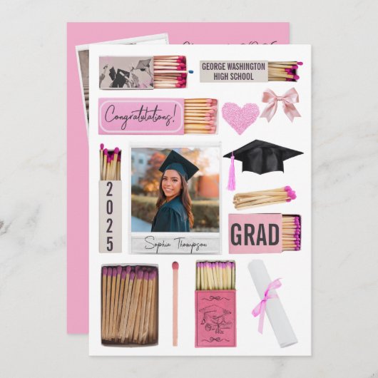 Pink Bow Matchbox Photo Afstuderen aangekondigd Kaart (Voorkant / Achterkant)