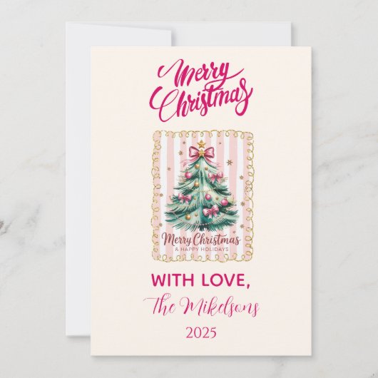 Pink Bow Merry Christmas Feestdagenkaart (Voorkant)