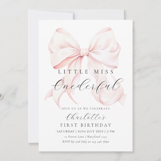 Pink Bow Miss Onederful eerste verjaardag uitnodig Kaart (Voorkant)