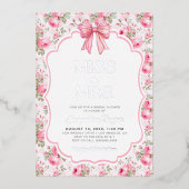 Pink Bow Miss to Mrs Vrijgezellenfeest Real Silver Folie Uitnodiging (Voorkant)