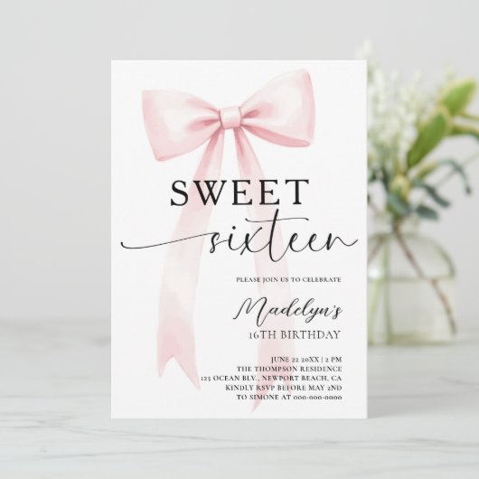 Pink Bow Modern Elegant Simple Chic Sweet 16 Kaart (Staand voorkant)