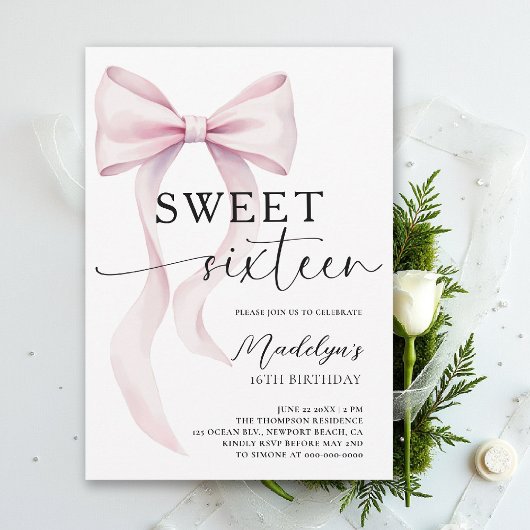 Pink Bow Modern Elegant Simple Classy Sweet 16 Kaart
