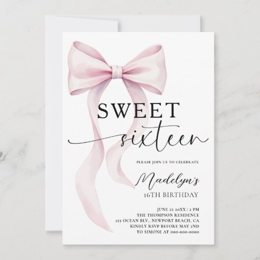 Pink Bow Modern Elegant Simple Classy Sweet 16 Kaart (Voorkant)