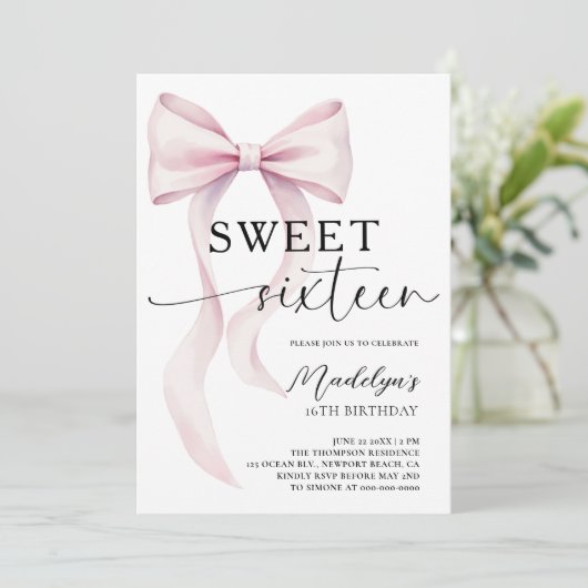 Pink Bow Modern Elegant Simple Classy Sweet 16 Kaart (Staand voorkant)