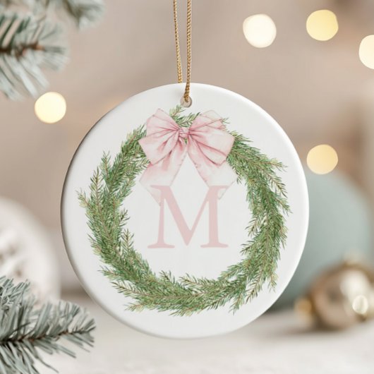 Pink Bow Monogram Wreath Christmas Keramisch Ornament
