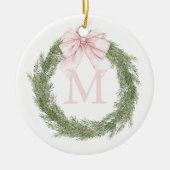 Pink Bow Monogram Wreath Christmas Keramisch Ornament (Voorkant)