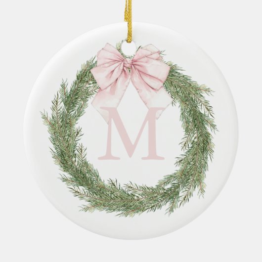 Pink Bow Monogram Wreath Christmas Keramisch Ornament (Achterkant)