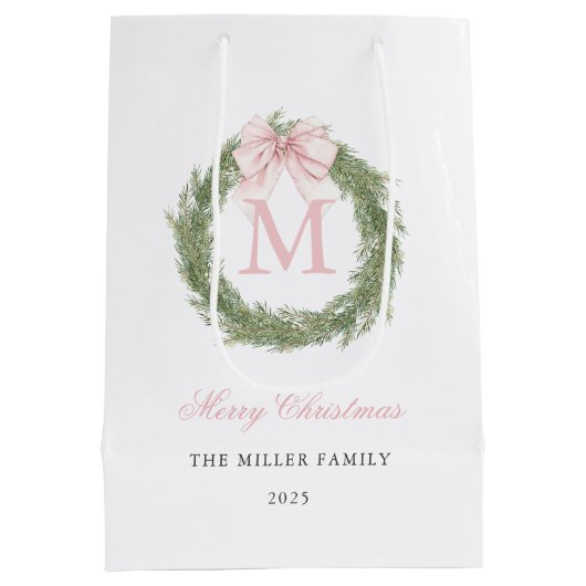 Pink Bow Monogram Wreath Christmas Medium Cadeauzakje (Achterkant)
