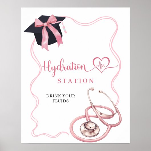Pink Bow Nurse Afstuderen Hydration Station Sign Poster (Voorkant)