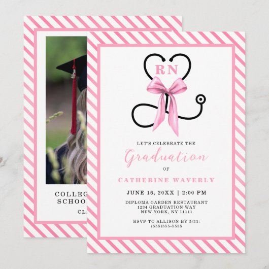 Pink Bow Nursing School Afstudeerfeest Kaart (Voorkant / Achterkant)