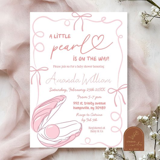 Pink Bow Ocean Little Pearl Girl Baby shower Kaart