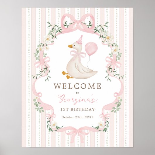 Pink Bow One Silly Goose 1st Birthday Welcome Poster (Voorkant)