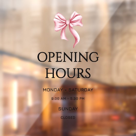 Pink Bow Opening Hours Small Business Raamsticker (Vel 2)