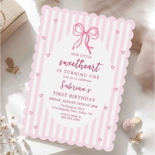 Pink Bow Our Little Sweetheart Birthday Invitation Kaart