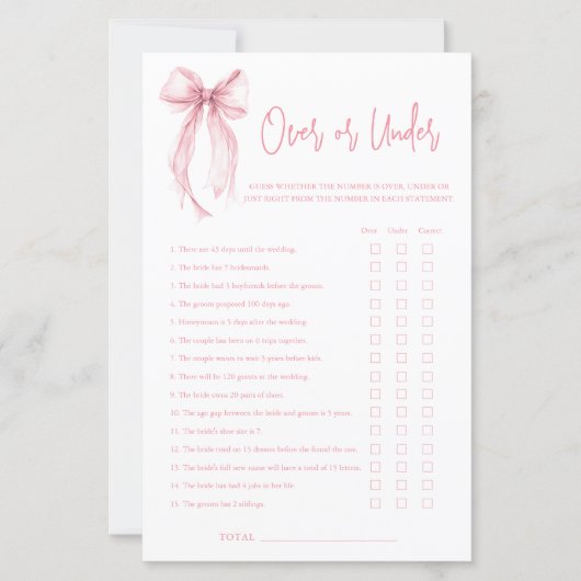 Pink Bow Over Or Under Bridal Shower Game (Voorkant)