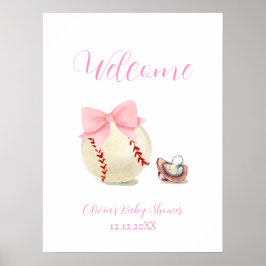 Pink Bow Pacifier Baseball Baby Shower Welcome Poster