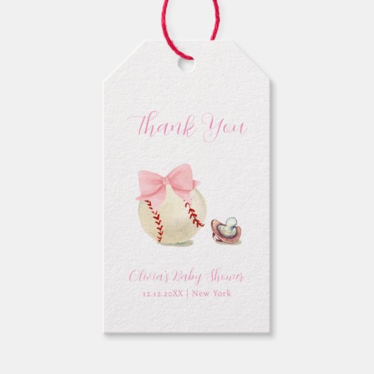 Pink Bow Pacifier Baseball Sport Girl Baby Shower Cadeaulabel (Voorkant)