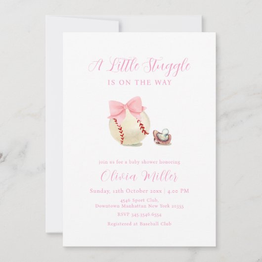 Pink Bow Pacifier Baseball Sport Girl Baby Shower Kaart (Voorkant)