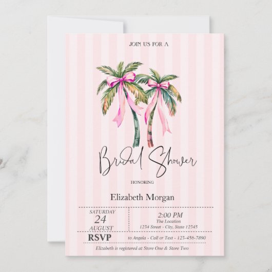 Pink Bow Palms Pink Stripes Vrijgezellenfeest Kaart (Voorkant)