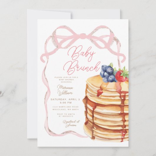 Pink Bow Pannenkoeken Baby shower Brunch Uitnodigi Kaart (Voorkant)