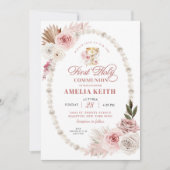 Pink Bow Parels Eerste Heilige Communie Doop Kaart (Voorkant)