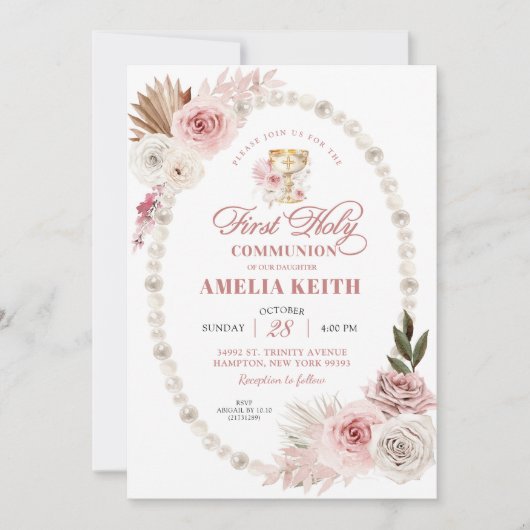 Pink Bow Parels Eerste Heilige Communie Doop Kaart (Voorkant)