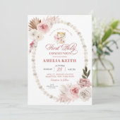 Pink Bow Parels Eerste Heilige Communie Doop Kaart (Staand voorkant)