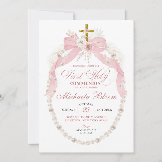 Pink Bow Parels Eerste Heilige Communie Doop Kaart (Voorkant)