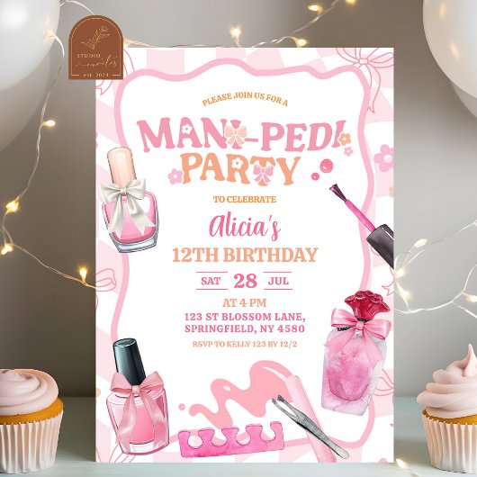 Pink Bow Pastel Retro Mani Pedi Party Birthday Kaart