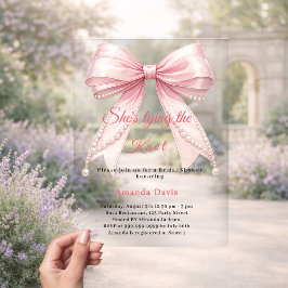Pink bow pearl tying the knot luxury Bridal Shower Acryl Uitnodigingen
