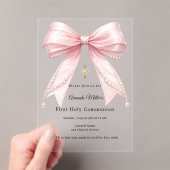 Pink bow pearls elegant luxury First Communion Acryl Uitnodigingen (Insitu (Draagbaar))