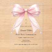 Pink bow pearls elegant luxury First Communion Acryl Uitnodigingen (Voorkant)