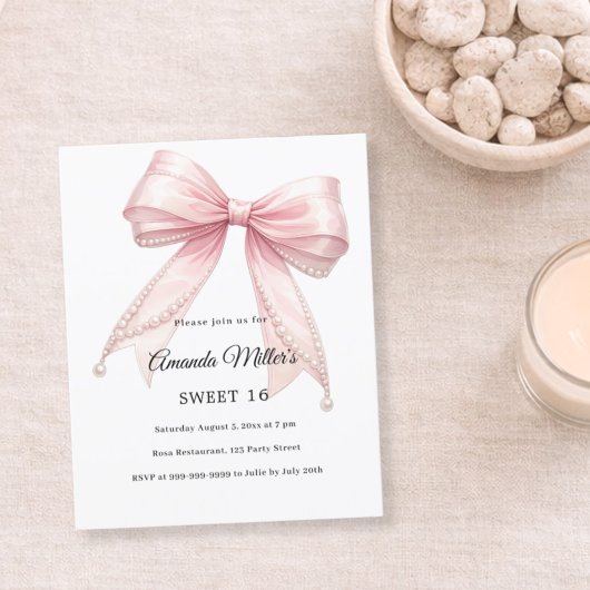 Pink bow pearls elegant Sweet 16 invitation