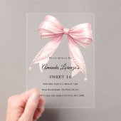 Pink bow pearls elegant Sweet 16 luxury clear Acryl Uitnodigingen (Insitu (Draagbaar))