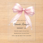 Pink bow pearls elegant Sweet 16 luxury clear Acryl Uitnodigingen (Voorkant)