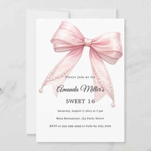 Pink bow pearls elegant Sweet 16 luxury Kaart (Voorkant)